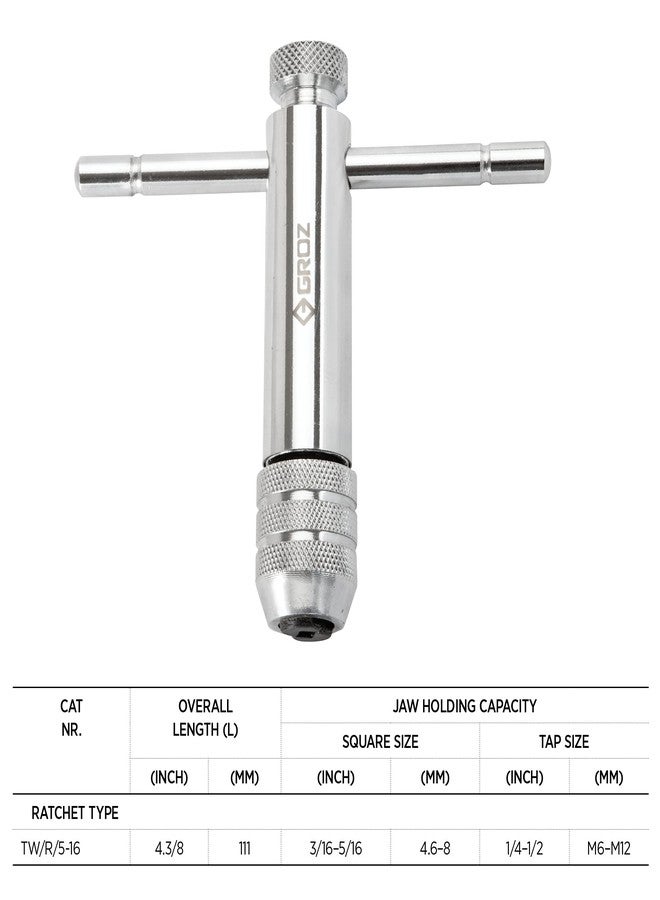 Groz Tap Wrench with T Type Ratchet Handle | Ideal for Holding taps, Screw extractors & Other Small Hand Turned Tools| Hardened Steel Jaws| Tap Size: M6-M12| TW/R/5-16 - Image 3